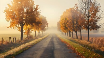 Obraz premium Serene Autumn Countryside Road Stretching Towards Misty Horizon