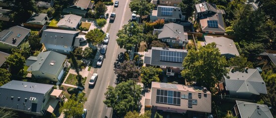 Aerial view of a suburban neighborhood with solar panels on rooftops, lined with trees and parked cars, showcasing a balance of nature and technology.