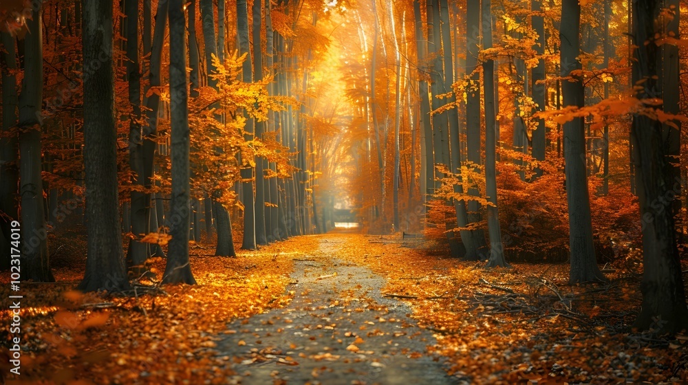 Poster Enchanting Autumn Forest Pathway Inviting in Warm Sunlight