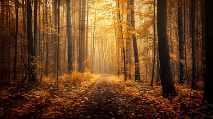 Obraz premium Enchanting Autumn Forest Path with Glowing Golden Trees and Fallen Leaves