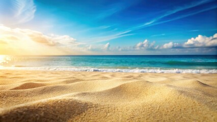 Obraz premium Sandy beach with blurry ocean in the background, beach, summer, sand, ocean, shore, relaxing, vacation, seascape