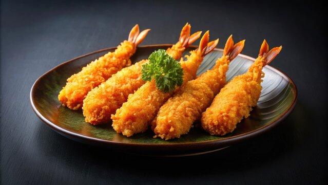 Breaded Torpedo shrimps on a black Japanese plate on a black background, shrimp, food, seafood, appetizer, Japanese cuisine