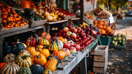 Obraz premium Bountiful Autumn Harvest at a Quaint Farmers Market Stall