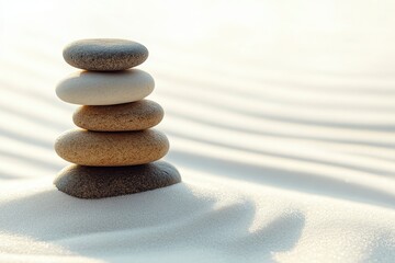 Zen garden with the stones and white sand pattern minimal scene Stack of Balanced Pebbles, zen pebbles, relax, massage, meditation, studio photography - generative ai