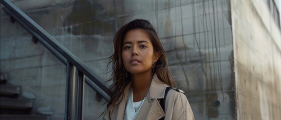 A poised individual stands on steps, glancing forward against an urban backdrop with architectural details and reflective surfaces.