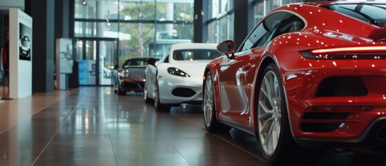 Obraz premium An array of high-end sports cars sit in a luxury showroom, sunlight highlighting their sleek contours.