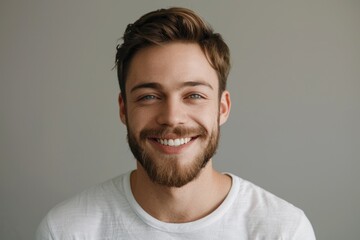 Obraz premium Smiling young man in white shirt showing healthy teeth.