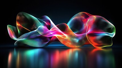 A vibrant, fluid abstract design with colorful waves and reflections on a dark background.