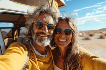 Happy couple taking a selfie while traveling in New Mexico desert, wearing sunglasses and yellow sweatshirt, vintage camper van in background