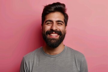Obraz premium Happy Hispanic man with beard on pink background.