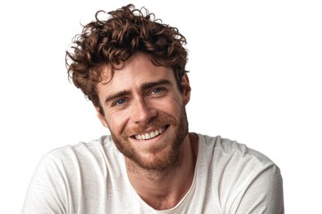 Portrait of cheerful handsome man smiling and looking at camera isolated over white background