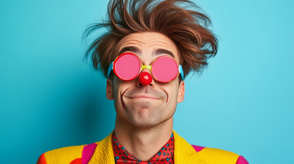 Portrait of a man with a chaotic hairstyle, wearing bright glasses, a red nose, and a colorful costume. He appears as a clown against a blue background