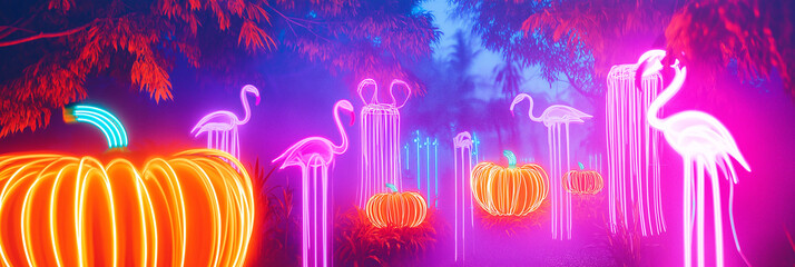 Quirky Halloween vibe with glowing pumpkins and flamingo light, blending spooky and playful

