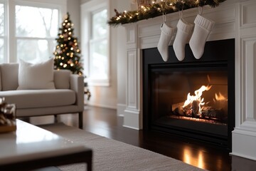 An elegant living room with holiday charm, showcasing a cozy fireplace, lush Christmas tree, and stockings on a decorated mantle against a snowy background view.