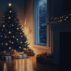 Warm and cozy Christmas scene with a beautifully decorated tree, twinkling lights, and wrapped gifts under its branches.