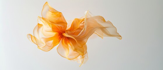 A vibrant burst of orange fabric swirls gracefully, mimicking a delicate flower or a swirling dance in mid-air.
