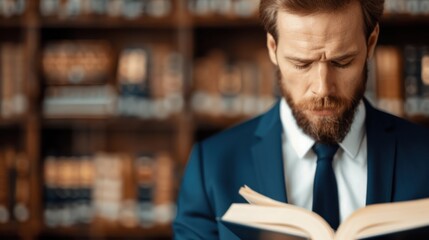 Obraz premium A professional man in a suit reads a book in a library, conveying focus and intellect amidst scholarly surroundings.