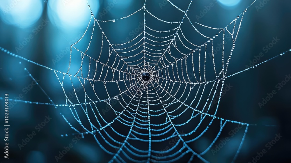 Aufkleber A close-up view of a delicate spider web adorned with dew drops, creating a mesmerizing pattern against a blurred background.