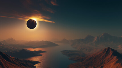 Obraz premium A breathtaking illustration capturing a dramatic solar eclipse, showcasing the moon's shadow casting over earth. Vivid colors and intricate details enhance the celestial phenomenon.