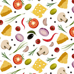 Pattern with cheese and vegetables.Vector pattern with pieces of cheese, vegetables and spices on a transparent background.