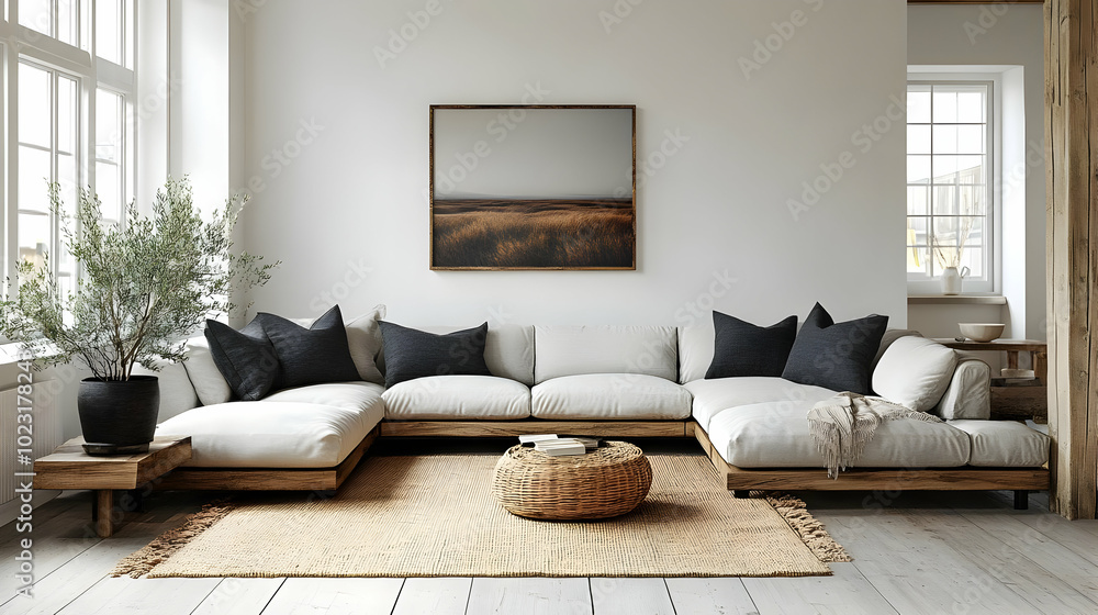 Canvas Prints Modern living room with a sectional sofa and natural decor.