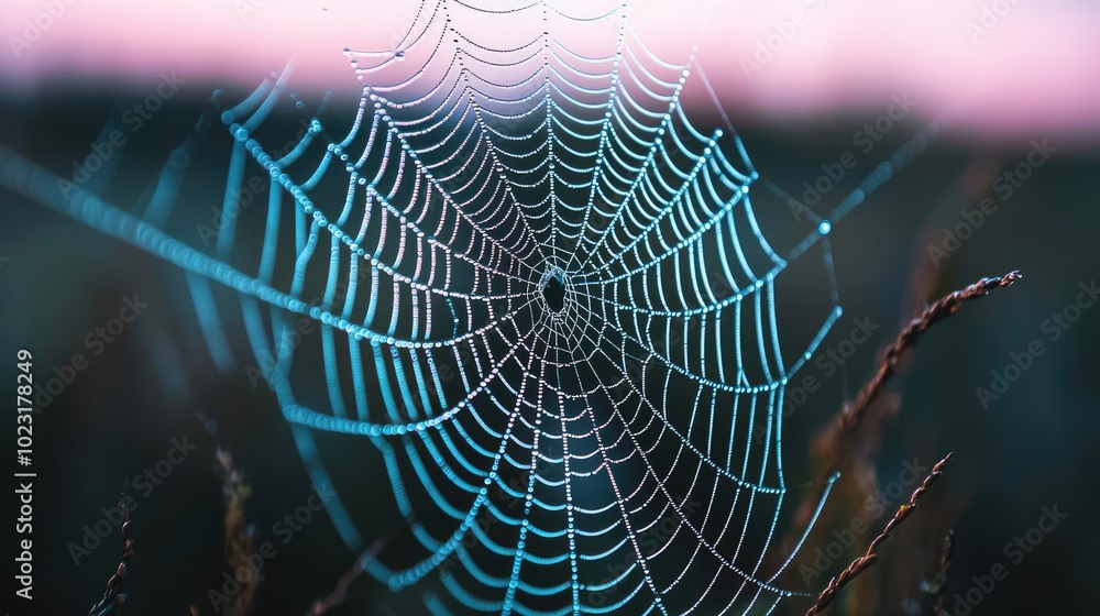 Poster Close-up of a delicate spider web glistening with dew in the early morning light, showcasing intricate patterns against a soft background.
