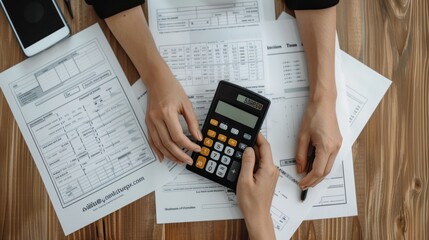 Two hands using a calculator with financial documents and a smartphone on a wooden table, focusing on accounting and calculations.