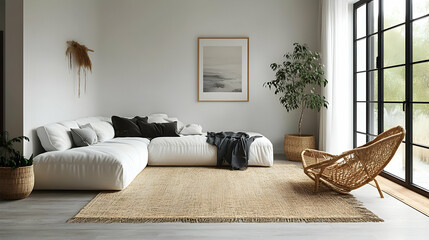 Cozy modern living room with natural elements and minimalist decor.