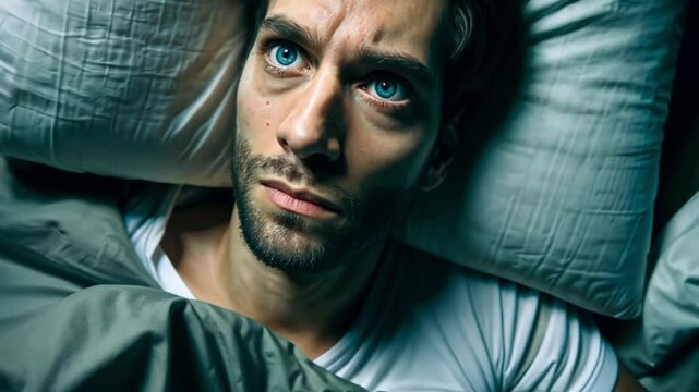 A man lies awake in bed, staring up at the ceiling. Insomnia concept.