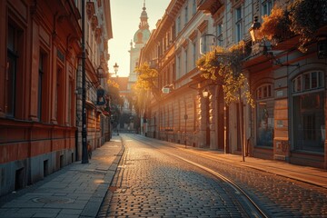 Fototapeta premium Sunrise on Empty Cobblestone Street in Ljubljana Downtown