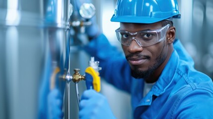 A smiling worker in safety gear uses tools on machinery, showcasing professionalism and diligence in an industrial setting.