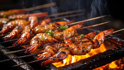 Grilled shrimp skewers on open flame, dark background, perfect for barbecue advertisement