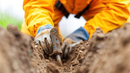 A worker in protective gear uses a tool to dig in the soil, showcasing hands-on labor in an outdoor environment.