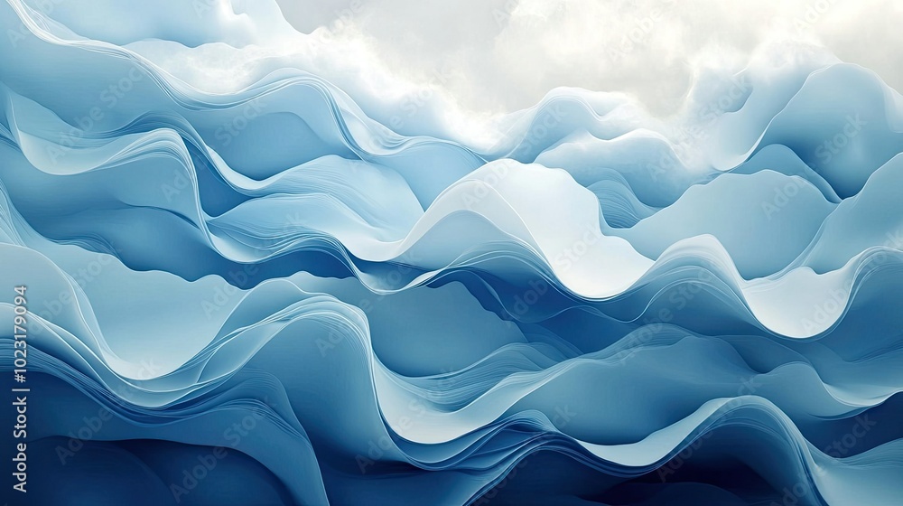 Poster a calming abstract background with smooth gradients of blue and white, resembling ocean waves and cl