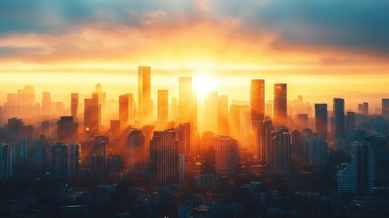 Fototapeta premium A city skyline bathed in the warm glow of a rising sun, with golden light reflecting off the buildings.