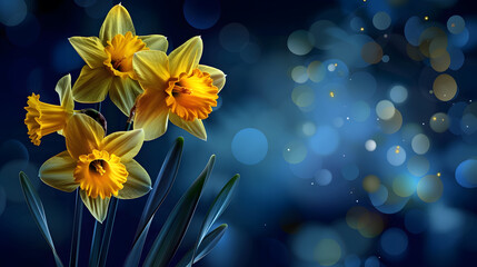 Fototapeta premium Gorgeous yellow daffodils against a soft, blurry blue backdrop, ideal for spring and floral themes. Keywords blossom, botanical, ethereal, garden, gardening, nature, springtime
