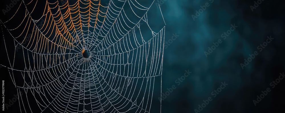 Poster a close-up of a delicate spider web glistening in the dark, showcasing intricate patterns against a 
