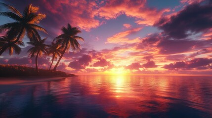 Obraz premium A colorful sunset over a tropical island, with palm trees silhouetted against the glowing sky and the ocean reflecting the light.