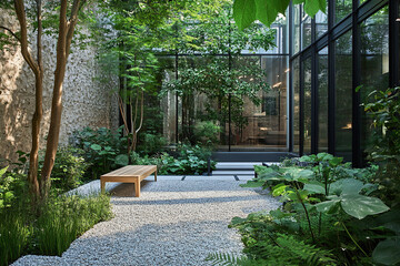 Obraz premium A Serene Courtyard Garden with Lush Greenery: Creating a Tranquil Outdoor Retreat with Plants, Seating Areas, and Relaxing Ambiance.