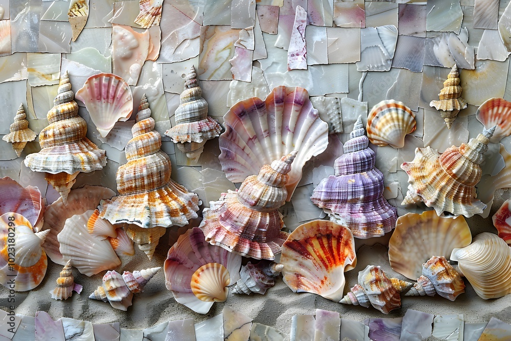 Poster a beautiful display of colorful seashells on a textured background