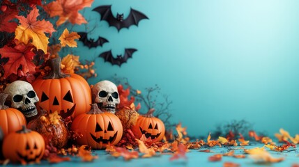 A blue background with a bunch of pumpkins and skulls