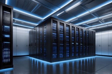 Modern Server Room with Blue Neon Lights