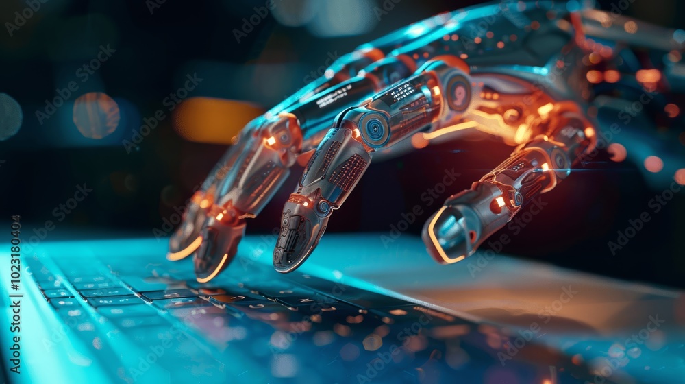 Poster ai robot hand touching laptop keyboard for data analysis and design in dark background