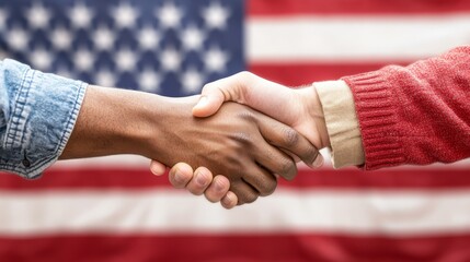 Patriotic Election Volunteers Unity - Two volunteers greeting each other with a handshake in front of the American flag at a voting booth.