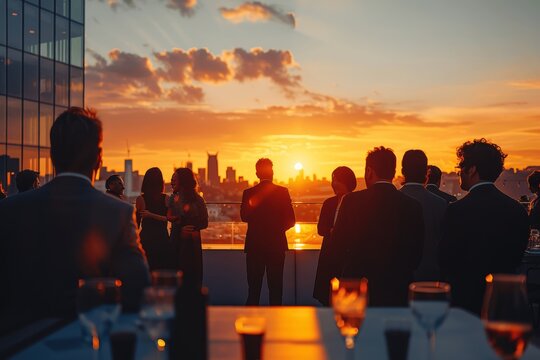 Rooftop Sunset Networking Event with City Skyline, Business Social Gathering for Professionals