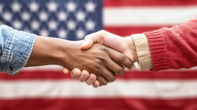 Patriotic Election Volunteers Unity - Two volunteers greeting each other with a handshake in front of the American flag at a voting booth.