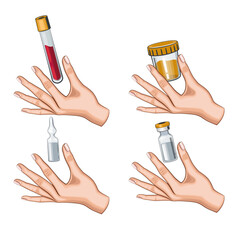 Medicine concept. Medical background. Medical and pharmacy elements. Hand Holding Medical Bottles. Isolated hospital set