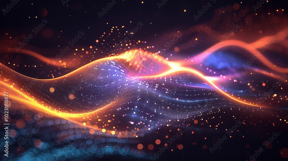 Poster futuristic digital technology abstract 3d background with glowing waves and dots in dark space
