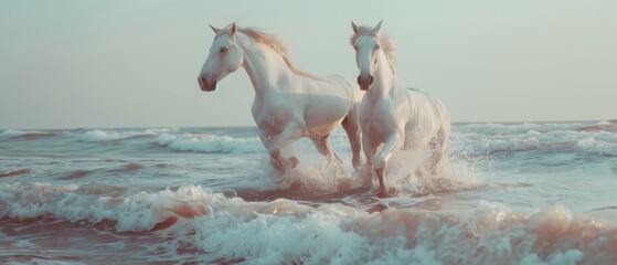 Majestic white horses gracefully gallop through frothy ocean waves, embodying freedom and exhilarating energy against a vast seascape backdrop.
