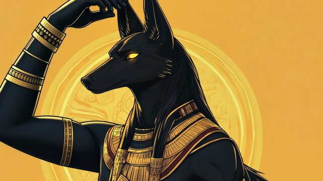 Anubis, the Egyptian god of the dead, stands in front of a gold background